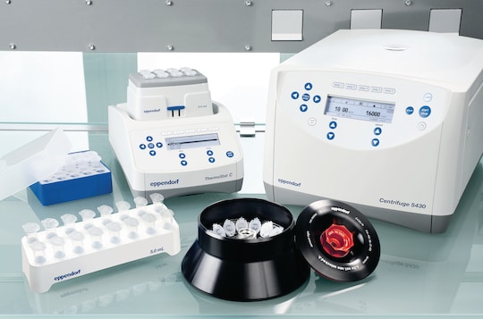 Eppendorf microtube® 5 mL system including rotor, microcentrifuge, thermomixer, freezer box and rack