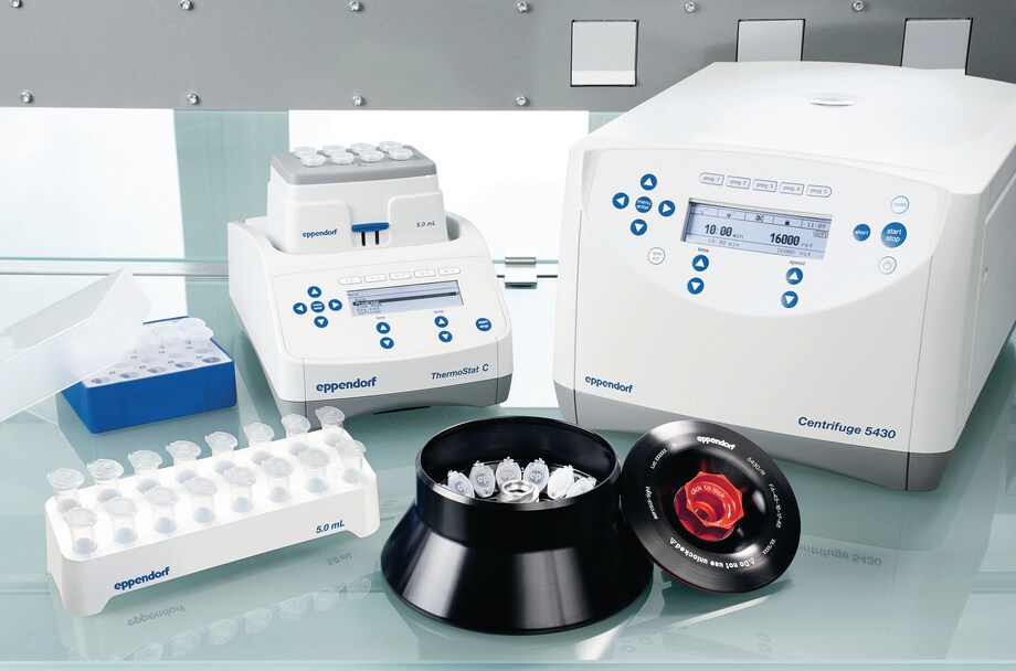 Eppendorf microtube® 5 mL system including rotor, microcentrifuge, thermomixer, freezer box and rack