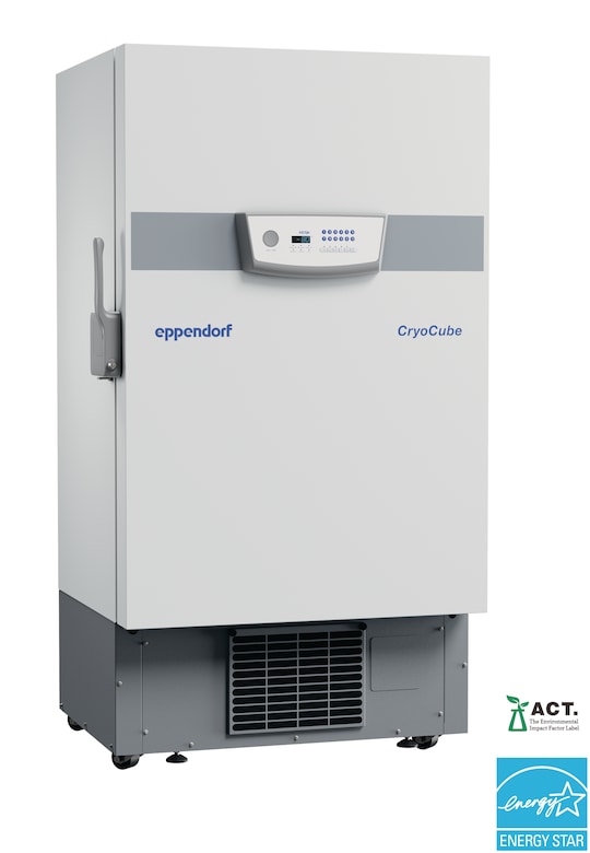 Eppendorf CryoCube® F570h ULT freezer with ENERGY STAR® certification logo and ACT certification by My Green Lab