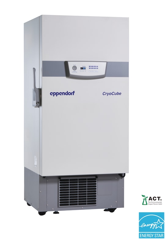 Eppendorf CryoCube® F440h ULT freezer with ENERGY STAR® certification logo and ACT certification by My Green Lab