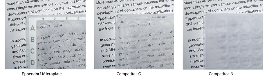 Plate comparison of Eppendorf Microplates versus competitor microplates. Eppendorf Microplates have superior transparency.