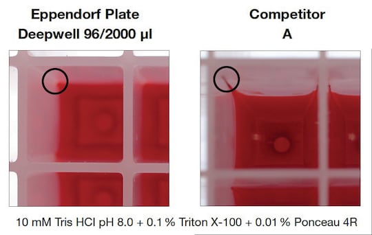 Eppendorf Deepwell Plate versus Competitor A: Image shows sample 'wicking' in sharp contours of competitor plate