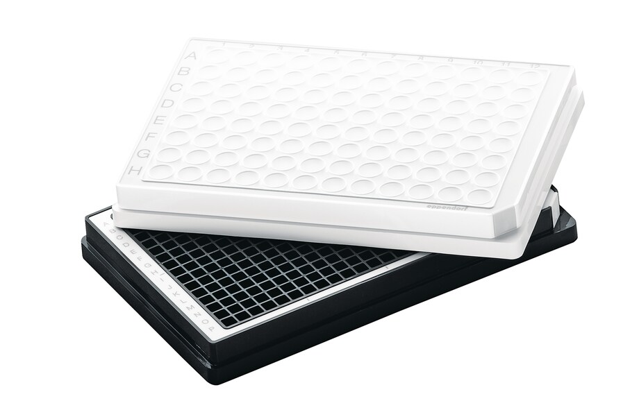 Stacked black and white Eppendorf assay reader plates