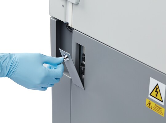 Eppendorf CryoCube_REG__F740 ULT freezer has a locking switch panel to secure the power switch