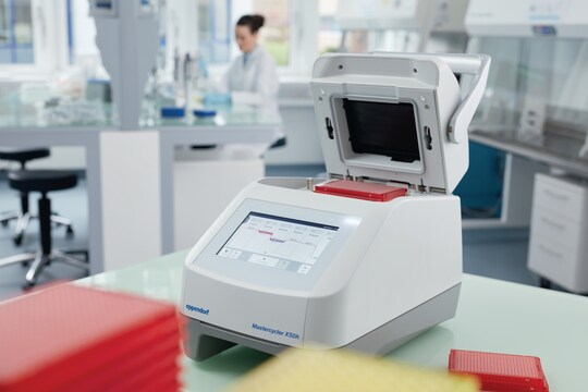 Mastercycler® X50 PCR thermocycler in lab - Open unit, front view showing flexlid®