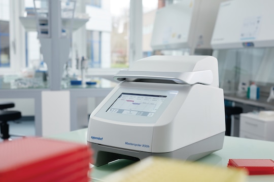 Mastercycler® X50 PCR thermocycler in lab - Closed unit, front view showing small footprint