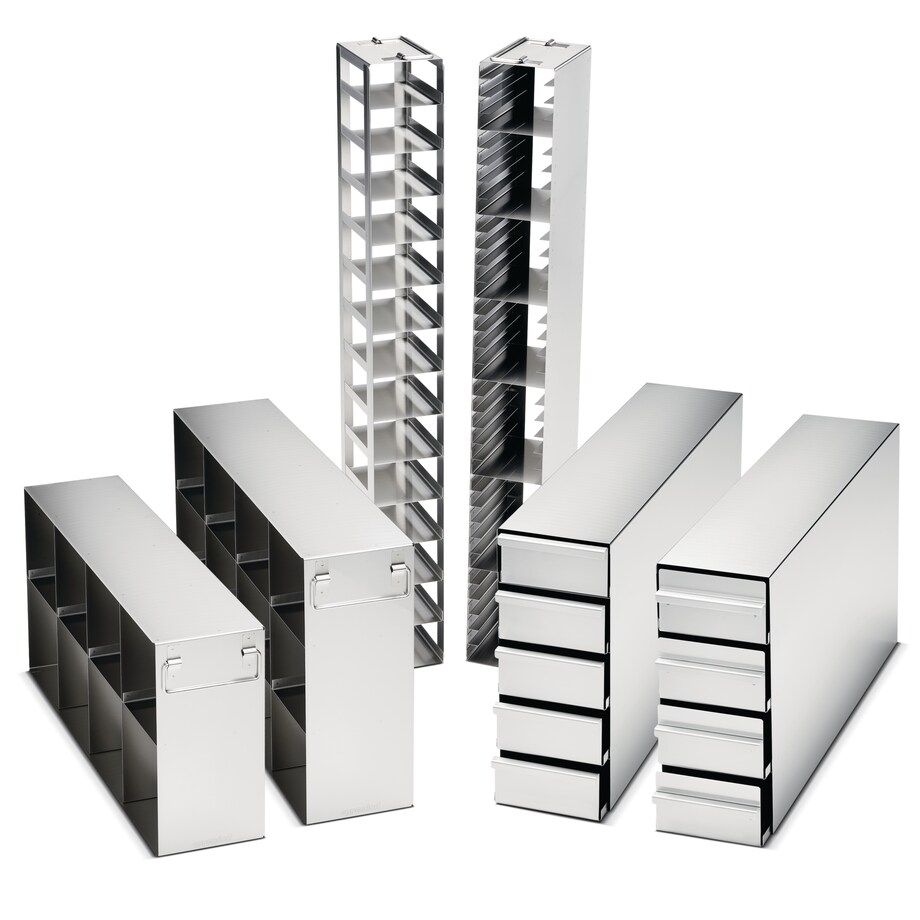Eppendorf ULT Freezer racks for safe and comfortable sample storage at -80°C, drawer and side-access racks