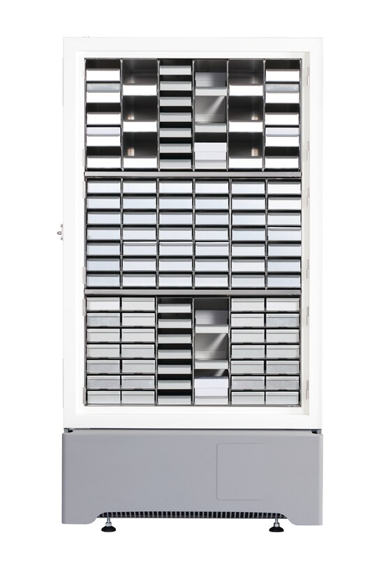 Eppendorf CryoCube® F740 ULT freezer with 3 compartments full of freezer racks for storage of freezer boxes and samples