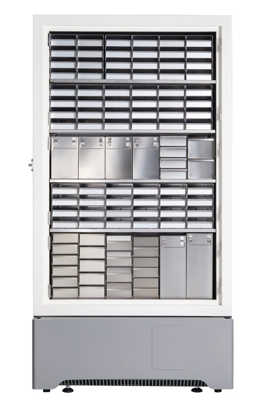 Eppendorf CryoCube® F740 ULT freezer with 5 compartments full of freezer racks for storage of freezer boxes and samples