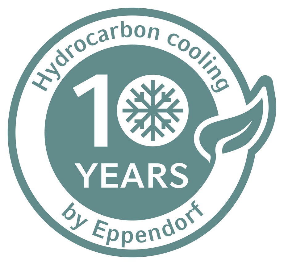 Logo describing the usageof green, hydrocarbon based cooling liquids in lab ULT freezers by Eppendorf