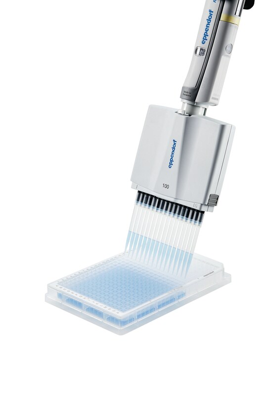 Eppendorf 16-channel pipette dispenses liquid in 384-well plate