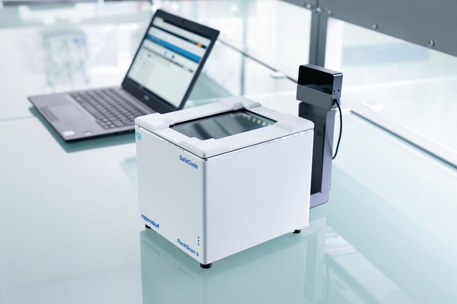 Eppendorf RackScan b with s on bench, connected to laptop