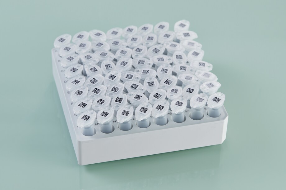 ULT Freezer storage box with barcoded 1.5 mL tubes on bench