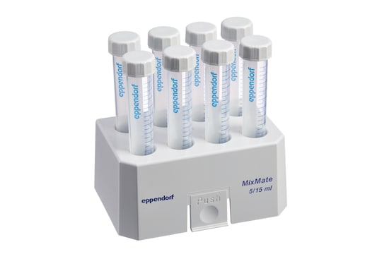 Eppendorf MixMate Tube Holder for 5/15 mL lab vessels, filled with 15 mL conical tubes