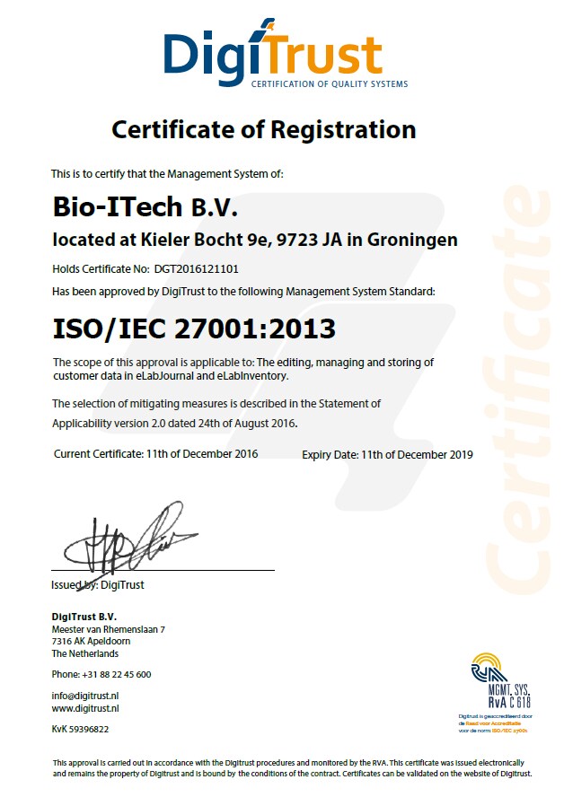 Bio-ITech certificate of data security for Eppendorf eLAB software