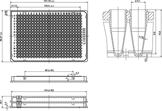 Technical drawing showing the dimensions of a twin.tec® 384-well PCR plate.