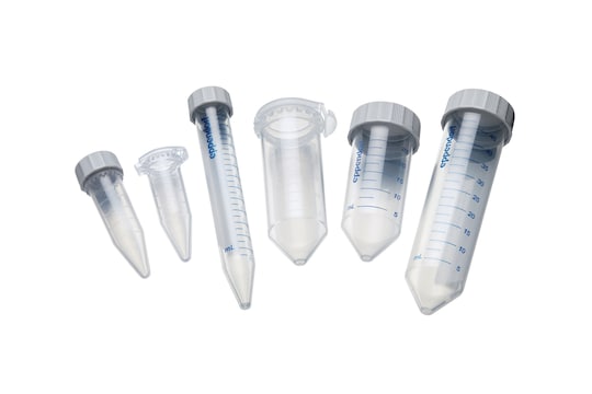 Selection of Eppendorf tubes® including microtubes in 0.5 mL, 1.5 mL, 5 mL format, and conical tubes in 15 mL and 50 mL format