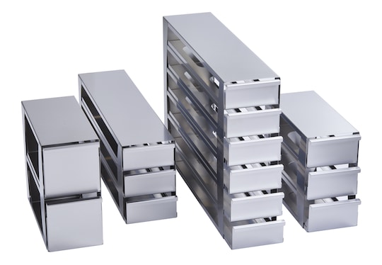 Eppendorf ULT Freezer racks for safe and comfortable sample storage at -80°C, drawer and side-access racks
