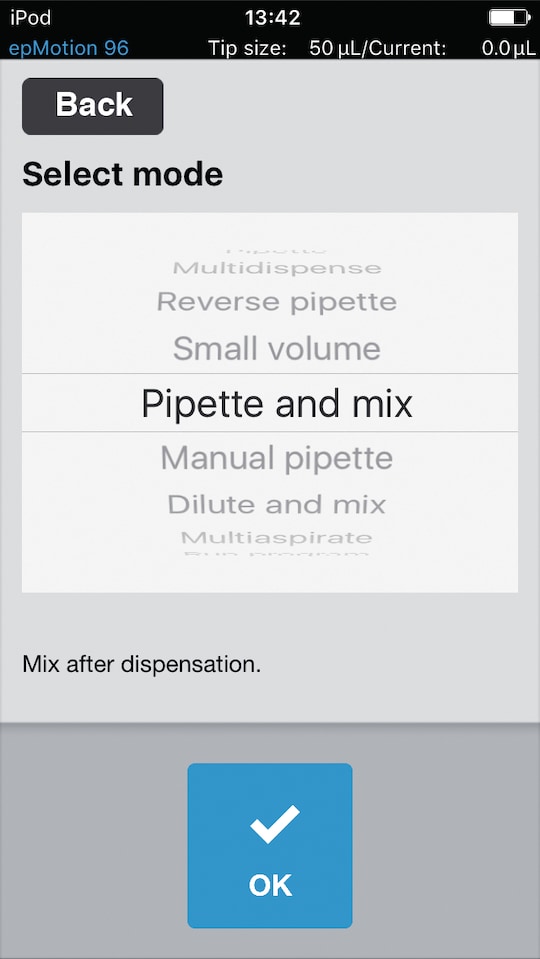 Convenient pipette mode selection vie free epMotion 96 App for iPod touch and iPhone