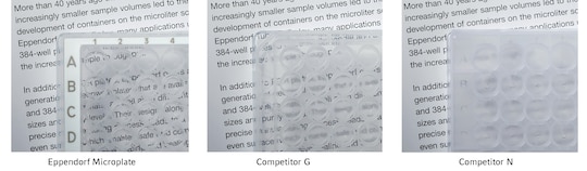 Plate comparison of Eppendorf Microplates versus competitor microplates. Eppendorf Microplates have superior transparency.