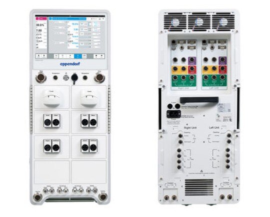 SciVario twin, the new bioreactor control system showing from the front and the back SciVario twin front and back