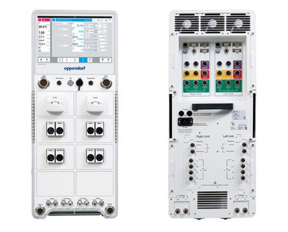 SciVario twin, the new bioreactor control system showing from the front and the back SciVario twin front and back