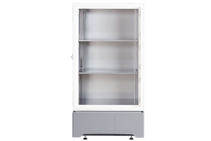 PhysioCare Concept® - Storage with ultra low temperature freezer The stainless steel interior of an empty lab freezer for easy cleaning.