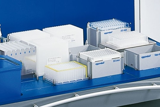 epMotion: ergonomic automated liquid handling. Big automated liquid handling system from Eppendorf with empty spaces for accessories.
