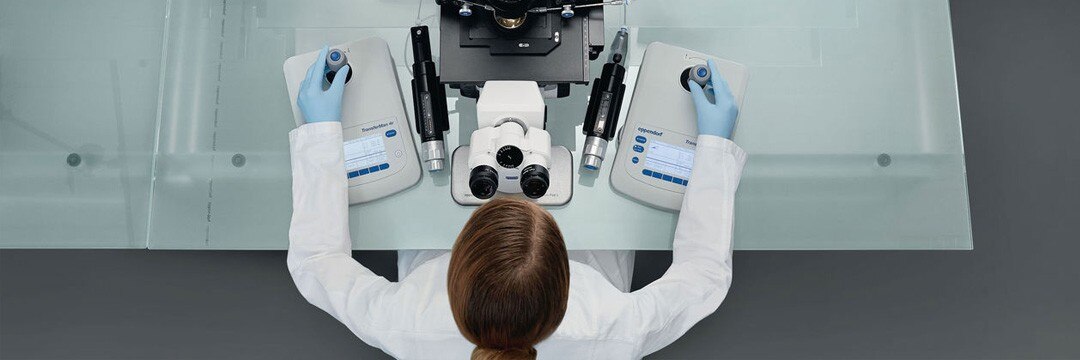 Ergonomic cell manipulation Scientist working in front of a microscope meanwhile she is using two ergonomic joysticks of Eppendorf for cell manipulation.