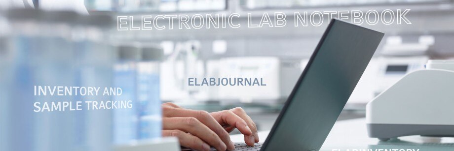 Combine eLABJournal with eLABInventory to make easier the lab work Lab worker using a computer for digital lab management