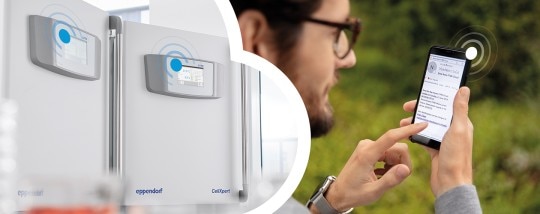 Receive notifications with VisioNize in case of a program end of your biological shaker S44i via email and SMS. Man using a phone to remotely monitor the temperature of the biological shaker in the laboratory.