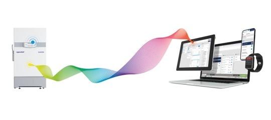 All the data from your smart freezer will be stored in your VisioNize Digital Lab Space An Eppendorf freezer linked by colored lines with various electronic devices such as a computer and a smartphone.