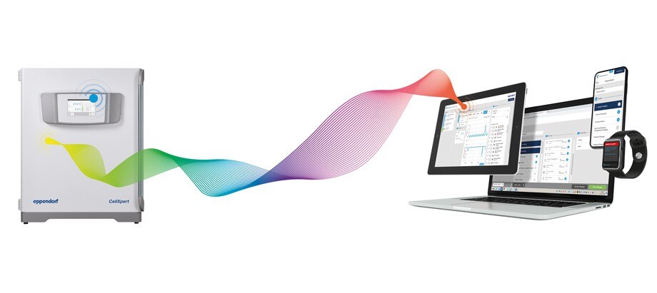 All performance data of your biological shaker will be historically stored in your VisioNize Digital Lab Space. An Eppendorf incubator shaker linked by colored lines with various electronic devices such as a computer and a smartphone.