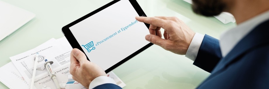 Discover all that eProcurement can offer: Hosted Catalogs, Punchouts, EDI and much more! Customer holds a tablet and uses eProcurement solutions to purchase lab products by Eppendorf