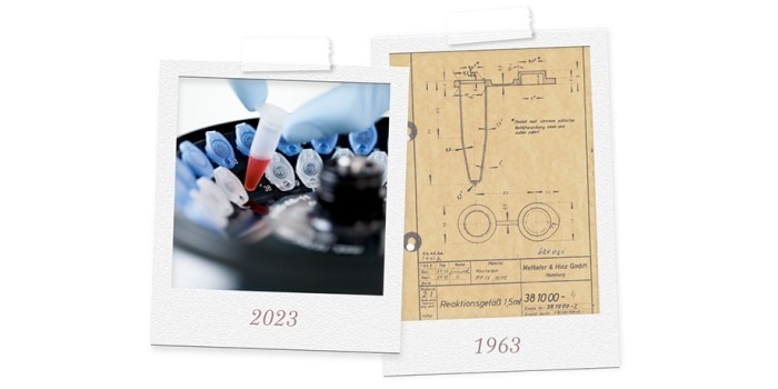60yearstubes – scientists working with eppendorf tubes Image of Tubes in centrifuge and patent document of tubes in 1963