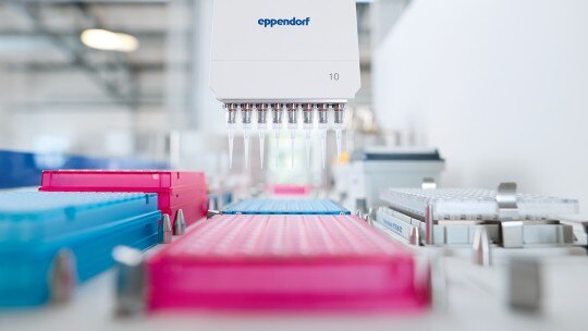 Eppendorf Plate for high-throughput applications Eppendorf Plate in a liquid handling workstation.