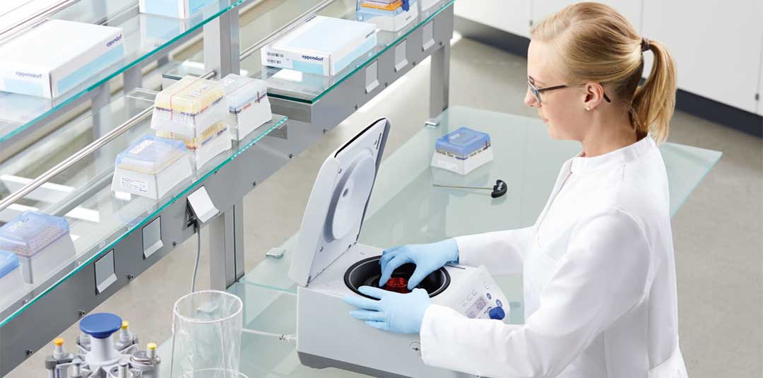Eppendorf benchtop microcentrifuge, surrounded by Eppendorf pipettes and lab consumables