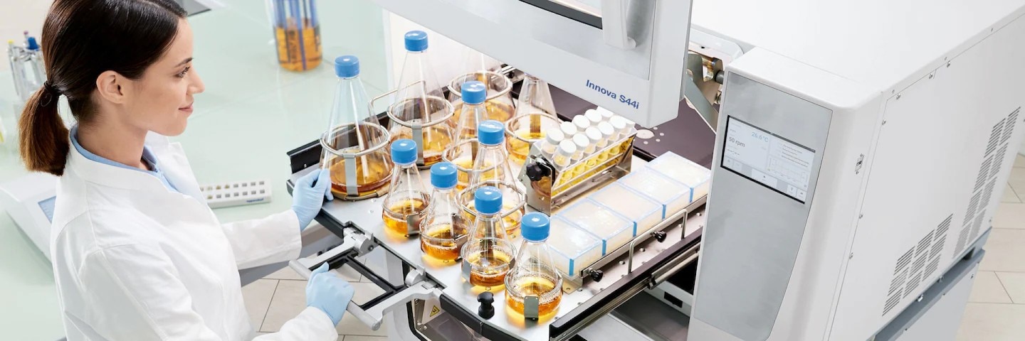 Female laboratory assistant standing in front of the open shaker Eppendorf Innova S44i and pulling out the platform with samples by the handle.