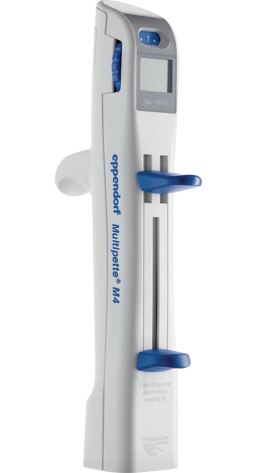 Side view of the Multipette® M4 multi-dispenser pipette from Eppendorf