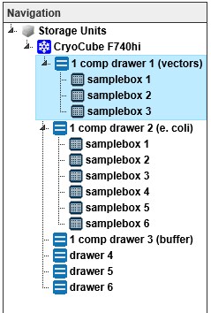 Sample inventory management by eLabNext software Screenshot of eLabInventory software, showing the content panel of the freezer