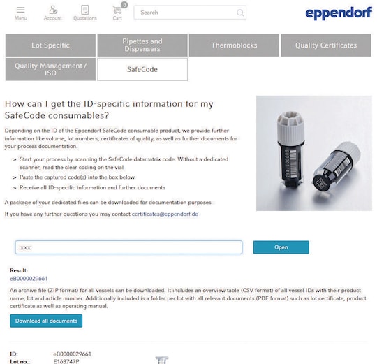 Eppendorf SafeCpode vessels for sample storage in ULT freezers can be enforced by further data like certificates