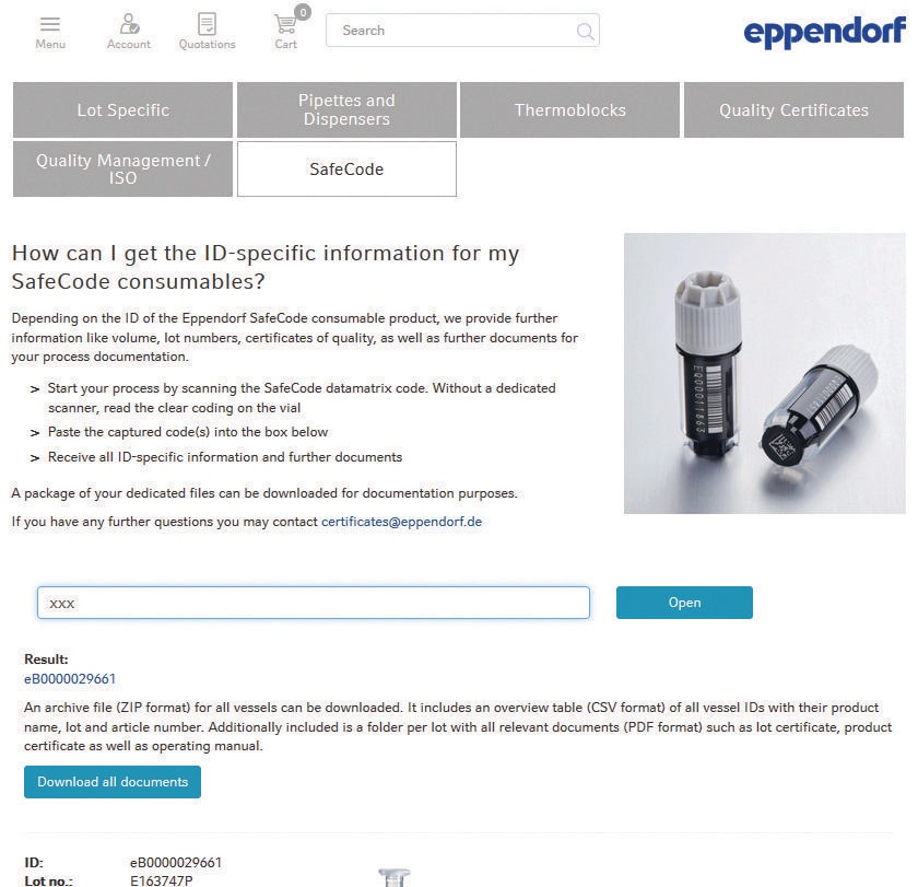 Eppendorf SafeCpode vessels for sample storage in ULT freezers can be enforced by further data like certificates