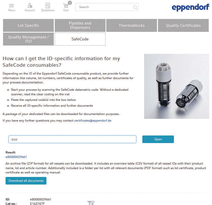 Eppendorf vessels with SafeCode: DataPort Eppendorf SafeCpode vessels for sample storage in ULT freezers can be enforced by further data like certificates