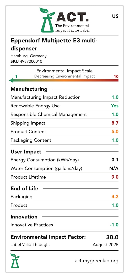 ACT label of sustainability certification for Multipette E3 pipette