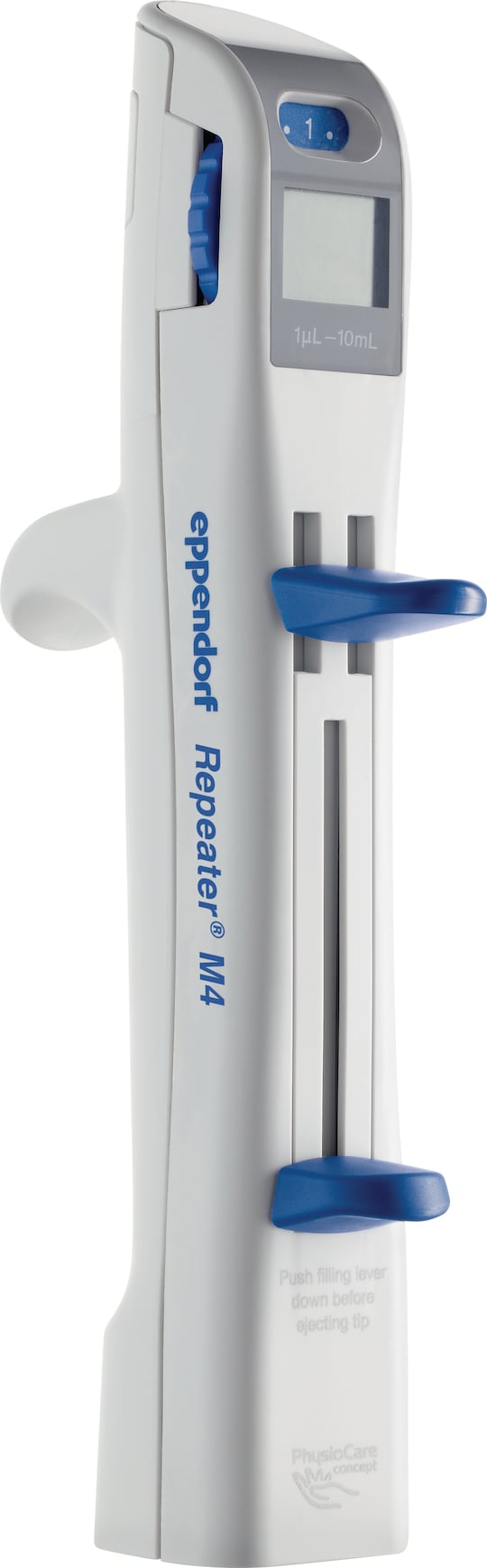 Side view of the Repeater® M4 multi-dispenser pipette from Eppendorf