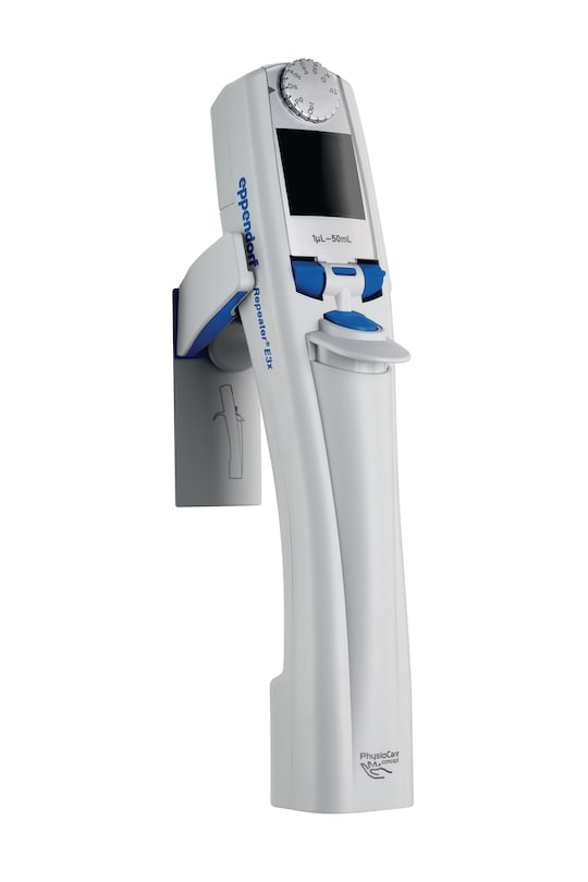 Pipette Holder 2 with a Repeater® E3x multi-dispenser from Eppendorf