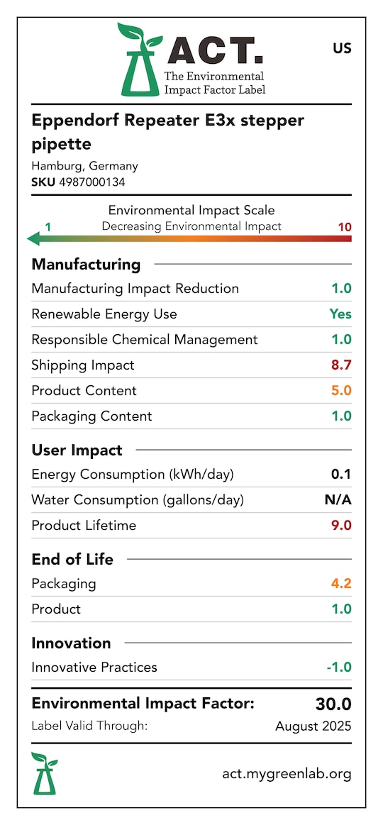 ACT label of sustainability certification for Multipette E3x pipette