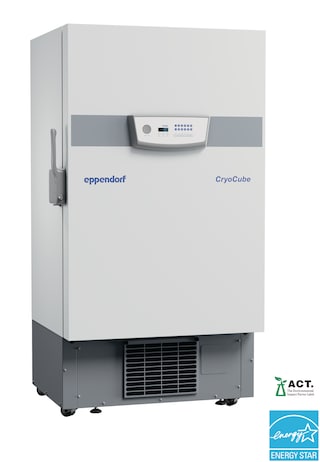 Eppendorf CryoCube® F570h ULT freezer with ENERGY STAR® certification logo and ACT certification by My Green Lab