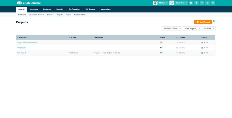 Eppendorf eLabJournal software: Project Project function for eLabJournal, the sample management software solution for sample storage in the the digital lab