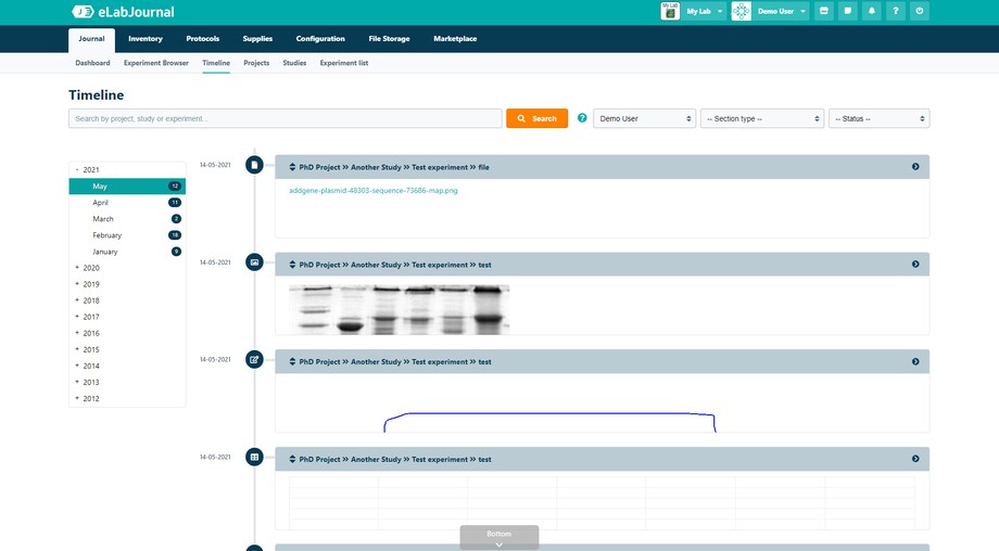 Eppendorf eLabJournal software: Timlines Timeline function for eLabJournal, the sample management software solution for sample storage in the the digital lab